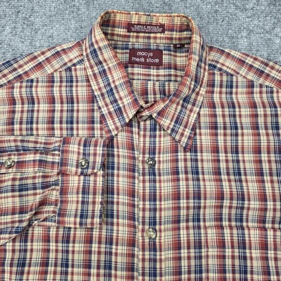 Vintage Macys Mens Shirt XL Red Blue Plaid Button Down Long Sleeve 90s Hong Kong - Picture 1 of 16